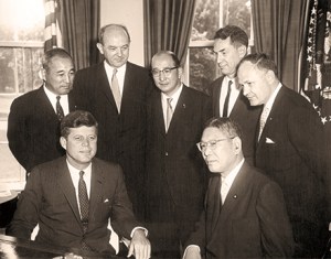 AR6659-A                                  20 June 1961 Meeting with Prime Minister of Japan. Japanese Ambassador to US Koichiro Asakai; President Kennedy; Secretary of State Dean Rusk; Minister of Foreign Affairs of Japan Zentaro Kosaka; Prime Minister Hayato Ikeda; US Ambassador to Japan Edwin O. Reischauer; James J. Wickel, interpreter. Oval Office, White House. Credit 